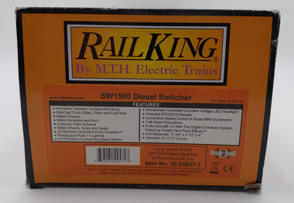 MTH 30-20837-1 O Long Island SW1500 Diesel Switcher #104 W/ PS3 LN/Box