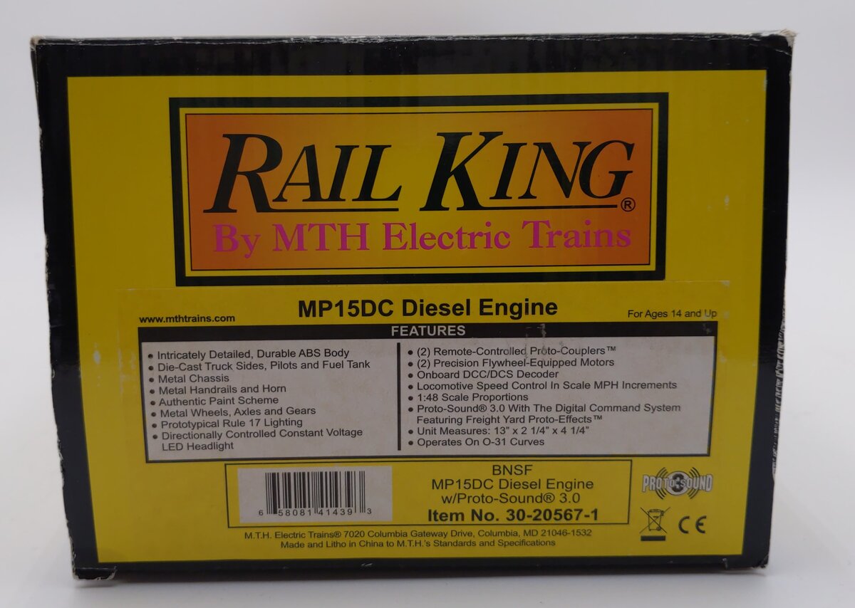 MTH 30-20567-1 O Gauge BNSF MP15DC Diesel Engine with Proto-Sound 3.0 #3702