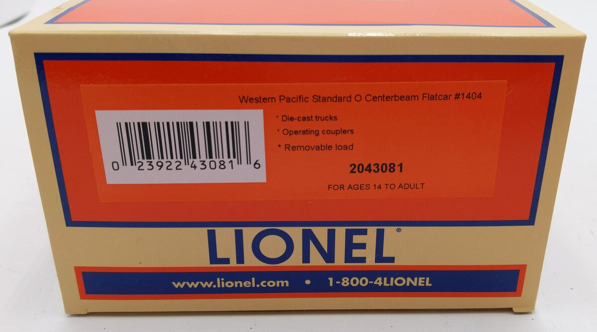 Lionel 2043081 O Western Pacific Standard Centerbeam Flatcar #1404