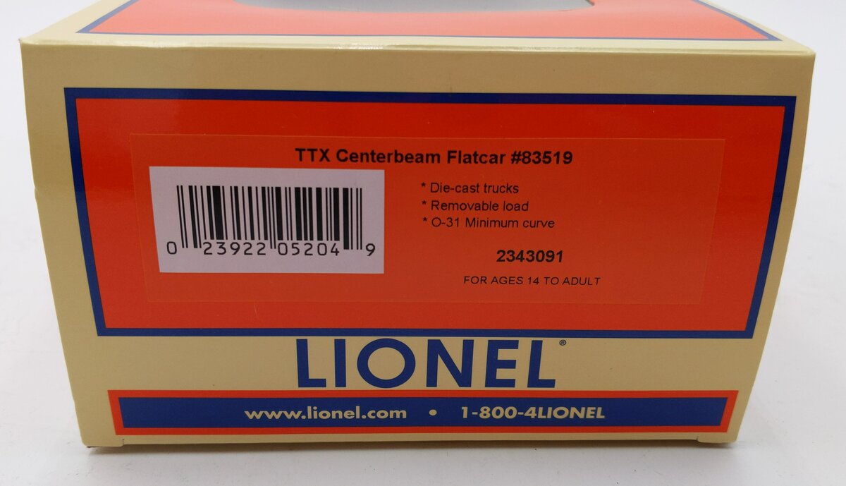 Lionel 2343091 O TTX Centerbeam Flatcar #83519