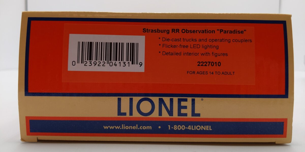 Lionel 2227010 O Strasburg Railroad Paradise Observation Car