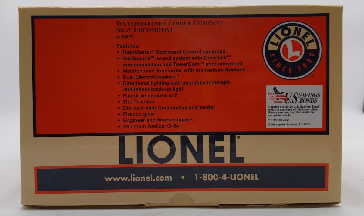 Lionel 6-38057 O Gauge Weyerhaeuser Timber Shay Locomotive #5 EX/Box