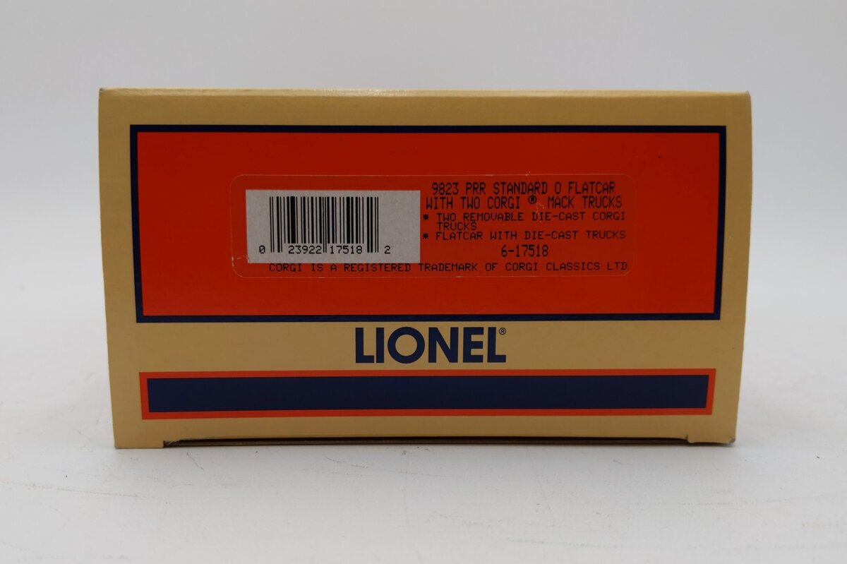 Lionel 6-17518 O Gauge Pennsylvania Flatcar with 2 Corgi Mack AEC Trucks #9823 LN/Box