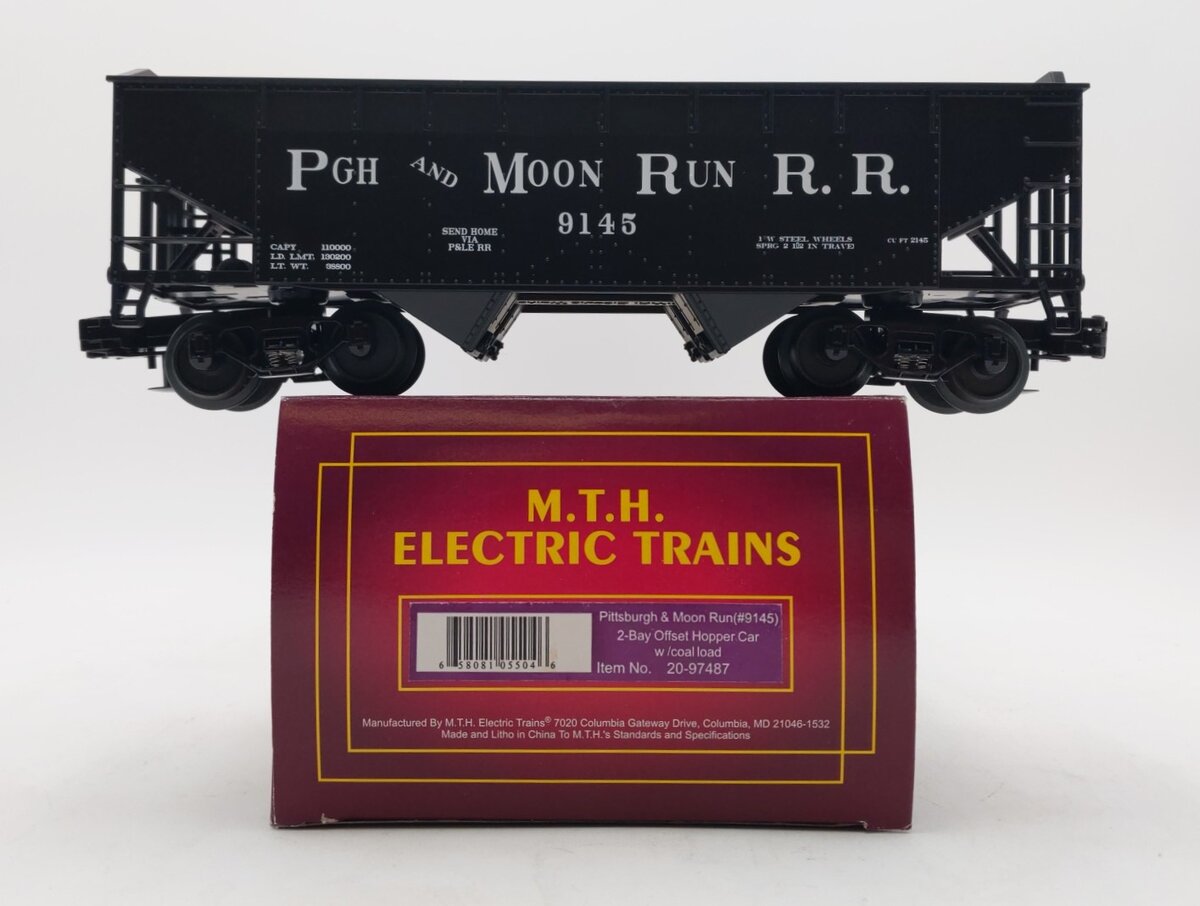 MTH 20-97487 O P&MR Offset 2-Bay Hopper Car w/Coal Load #9145 NIB