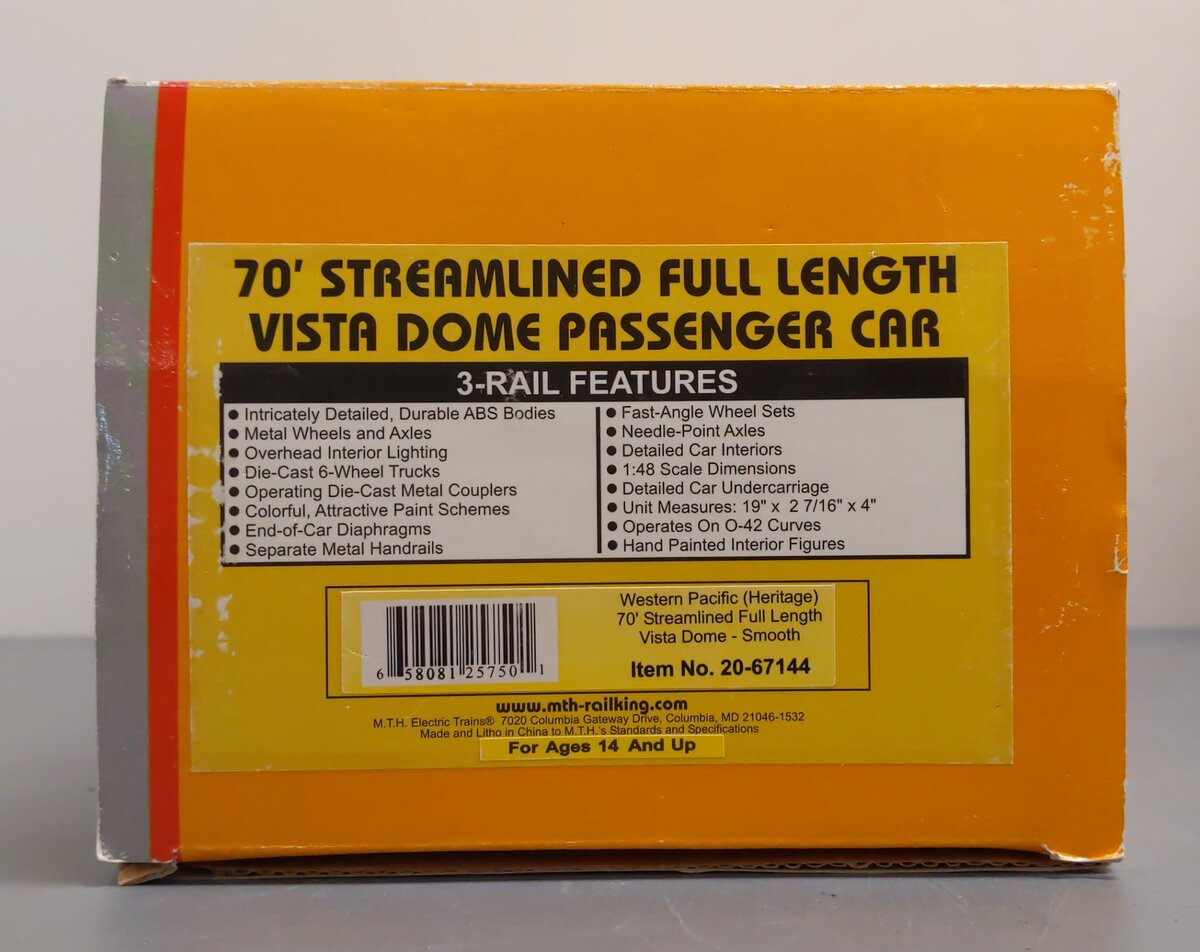MTH 20-67144 O Gauge Western Pacific 70' ABS Vista Dome Passenger Car