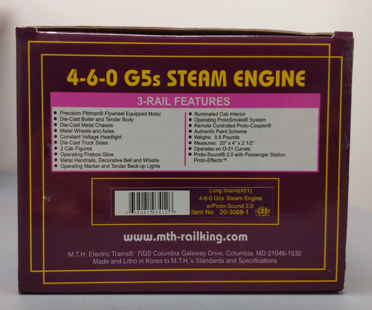 MTH 20-3068-1 O Gauge Long Island 4-6-0 G-5s Steam Locomotive #21 w/PS2 LN/Box