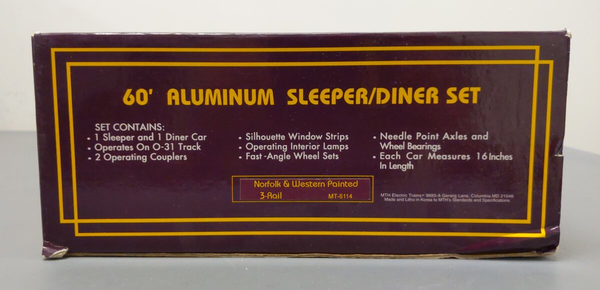 MTH 20-6114 O Gauge N&W 60' Aluminum Sleeper/Diner 2-Car Set (3-Rail) LN/Box