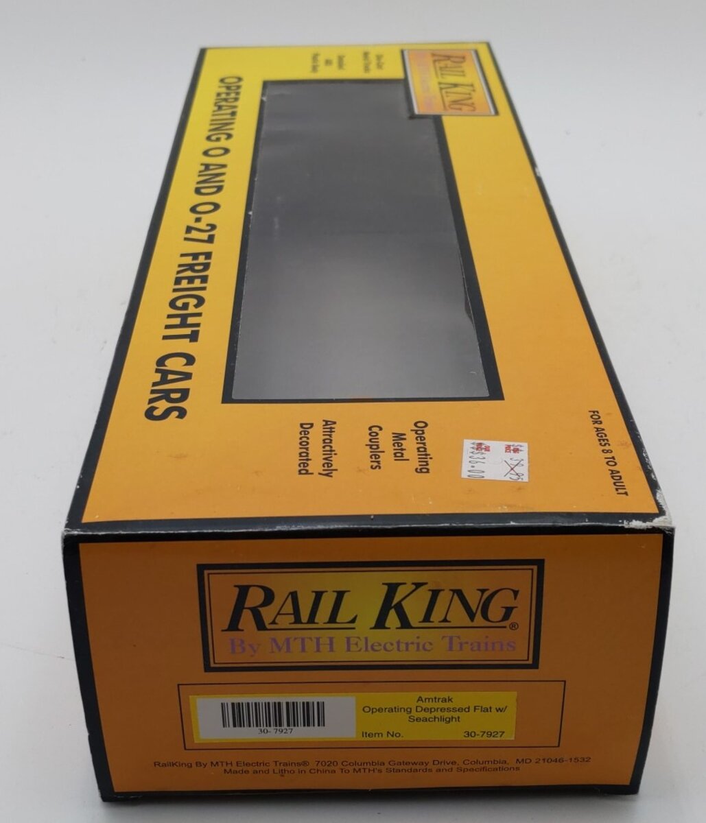 MTH 30-7927 O Amtrak Operating Depressed Flatcar #16000 with Searchlight NIB