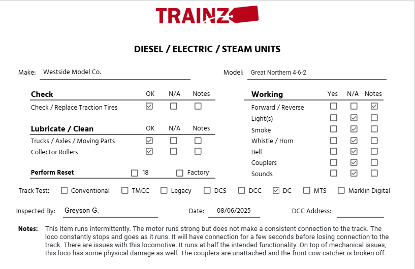 Westside Model Co. HO BRASS Great Northern 4-6-2 H-4 Steam Loco & Tender VG/Box