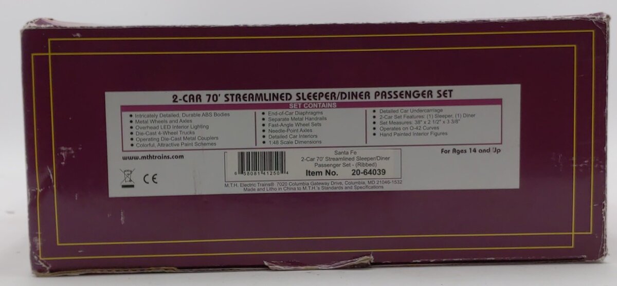 MTH 20-64039 O Santa Fe Premier 2-Car 70' Streamlined Sleeper/Diner Passenger