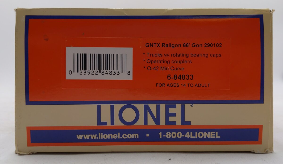 Lionel 6-84833 O Weathered GNTX 66' Mill Gondola Railgon #290102