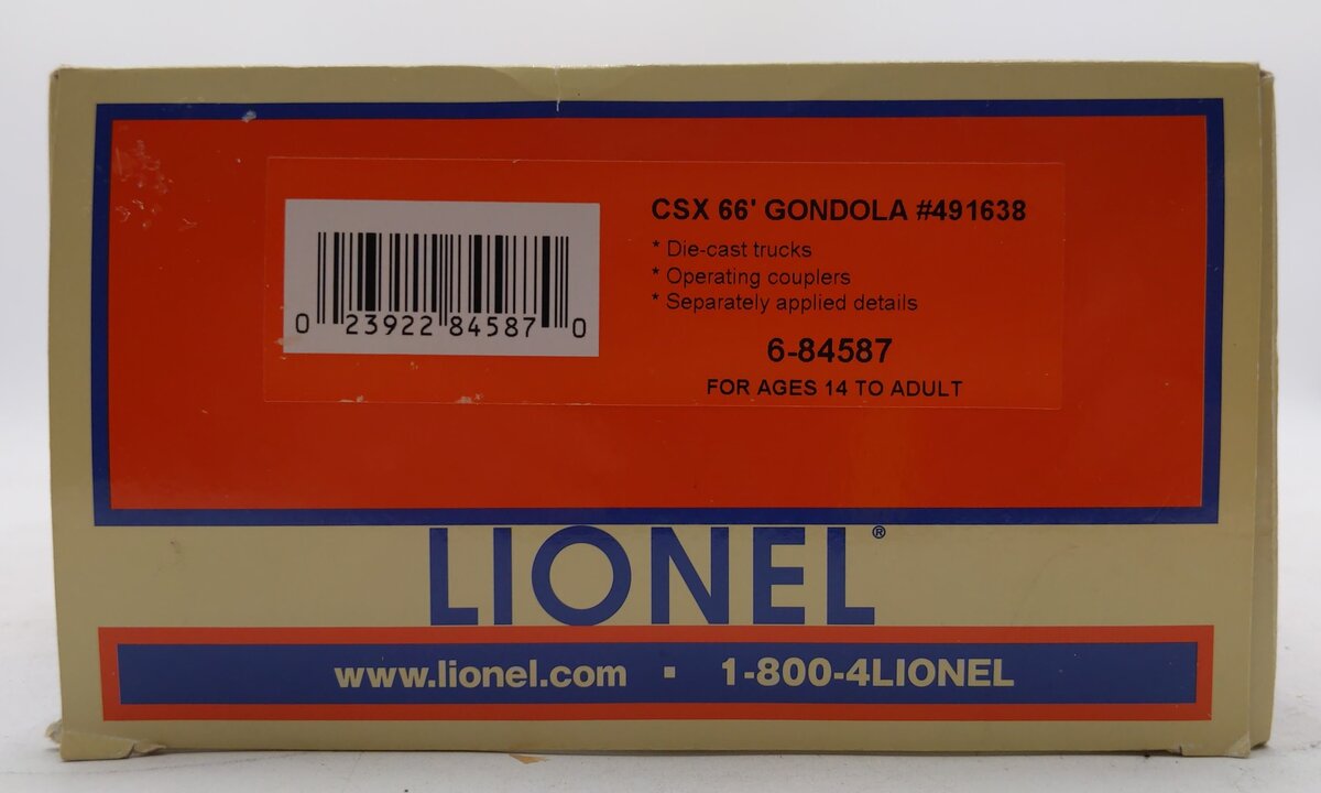 Lionel 6-84587 O CSX 65' Mill Gondola #491638