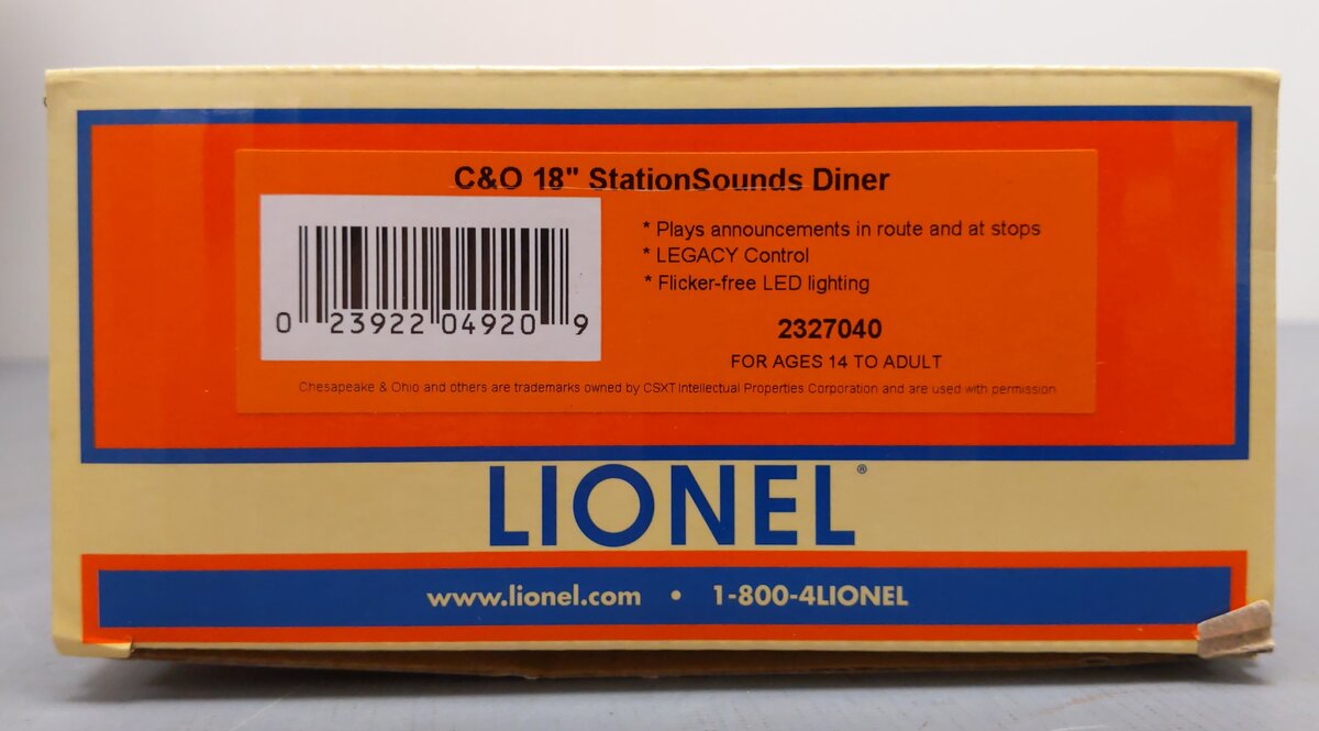 Lionel 2327040 O Gauge Chesapeake & Ohio 18 StationSounds Diner Car LN/Box