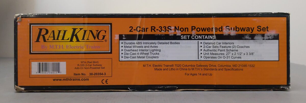 MTH 30-20354-3 O Gauge MTA R-33S 2-Car Subway Add-On Non Powered Set NIB
