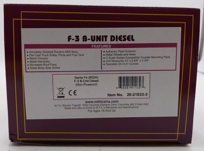 MTH 20-21033-3 O Gauge Santa Fe F3 Nonpower B Unit Diesel #32A LN/Box