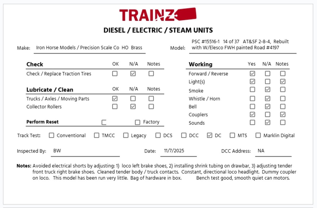 Precision Scale Co 15516-1 HO Brass ATSF 2-8-4 Steam Locomotive w/Tender #4197 LN/Box