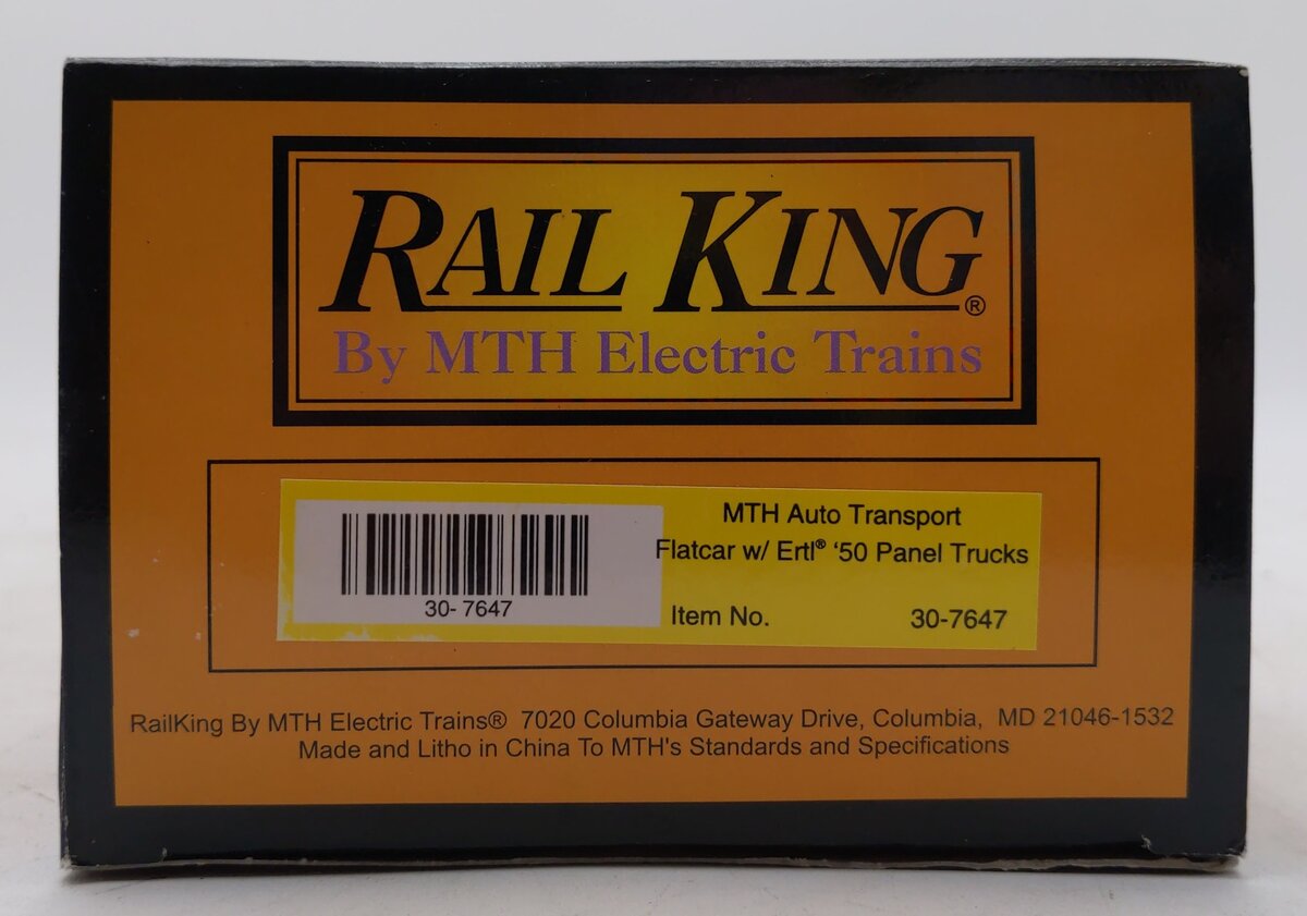 MTH 30-7647 O Gauge Auto Flatcar with 2 Ertl 1950 Panel Trucks NIB