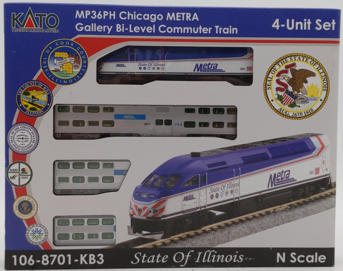 (106-8701)MP36PH Gallery Bi-Level 客車 Chicago Metra 4両セット 鉄道模型 外国車両 Nゲージ Kato 106-8701-KB3 N MP36PH Chicago Metra Gallery Bi-Level