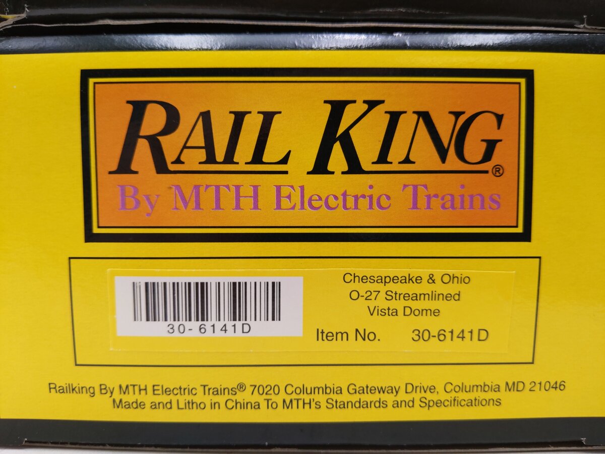 MTH 30-6141 O C&O RailKing O-27 Streamlined Passenger Car Set (Set of 4) NIB