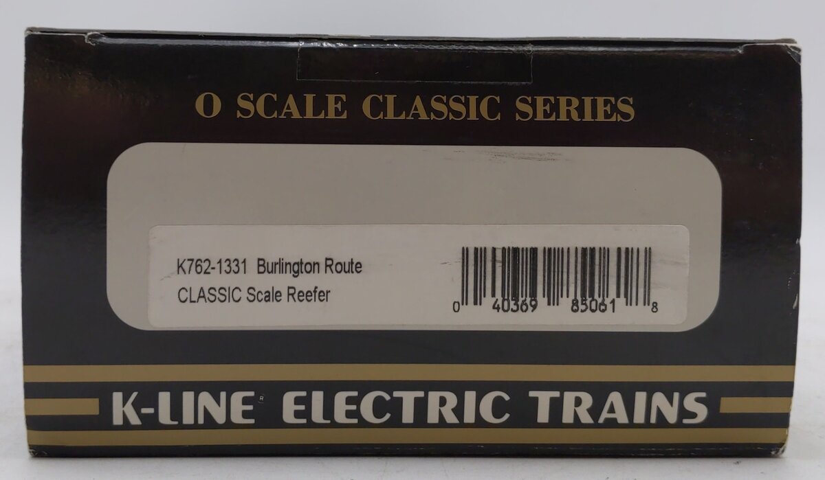K-Line K762-1331 O Burlington Route Woodside Refrigerator Car #74538 - 3 Rail LN/Box