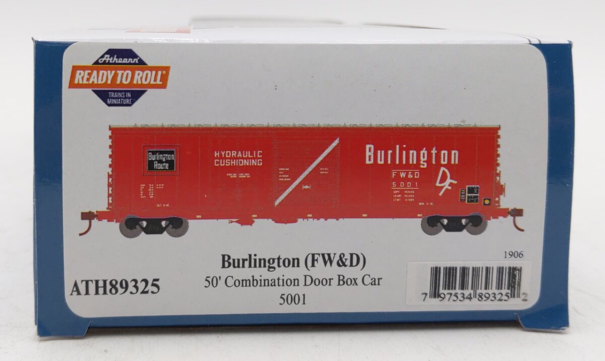 Athearn 89325 HO Burlington FW&D RTR 50' Combo Door Boxcar #5001