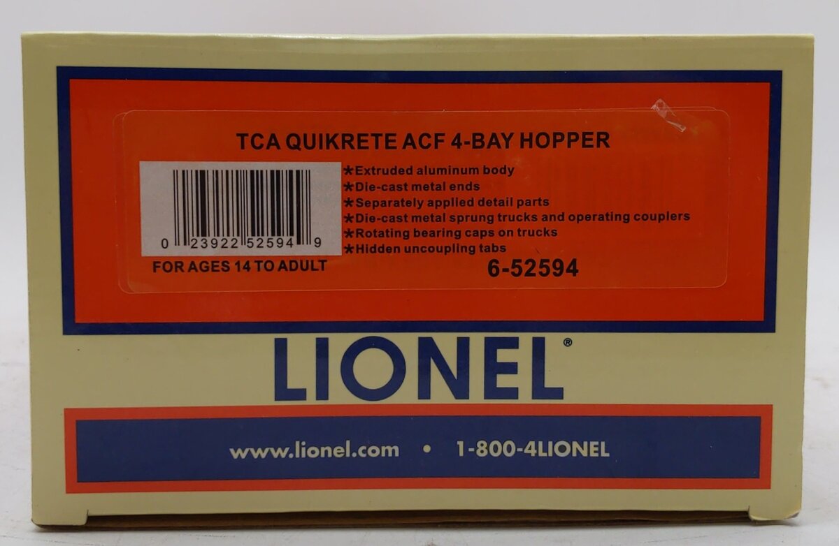 Lionel 6-52594 O Gauge TCA Quikrete ACF 4-Bay Hopper #2012 EX/Box