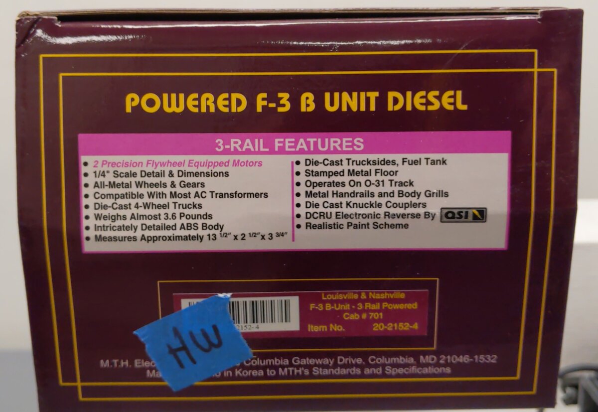 MTH 20-2152-4 O Gauge Louisville & Nashville F-3 Powered Diesel B-Unit #701 EX/Box