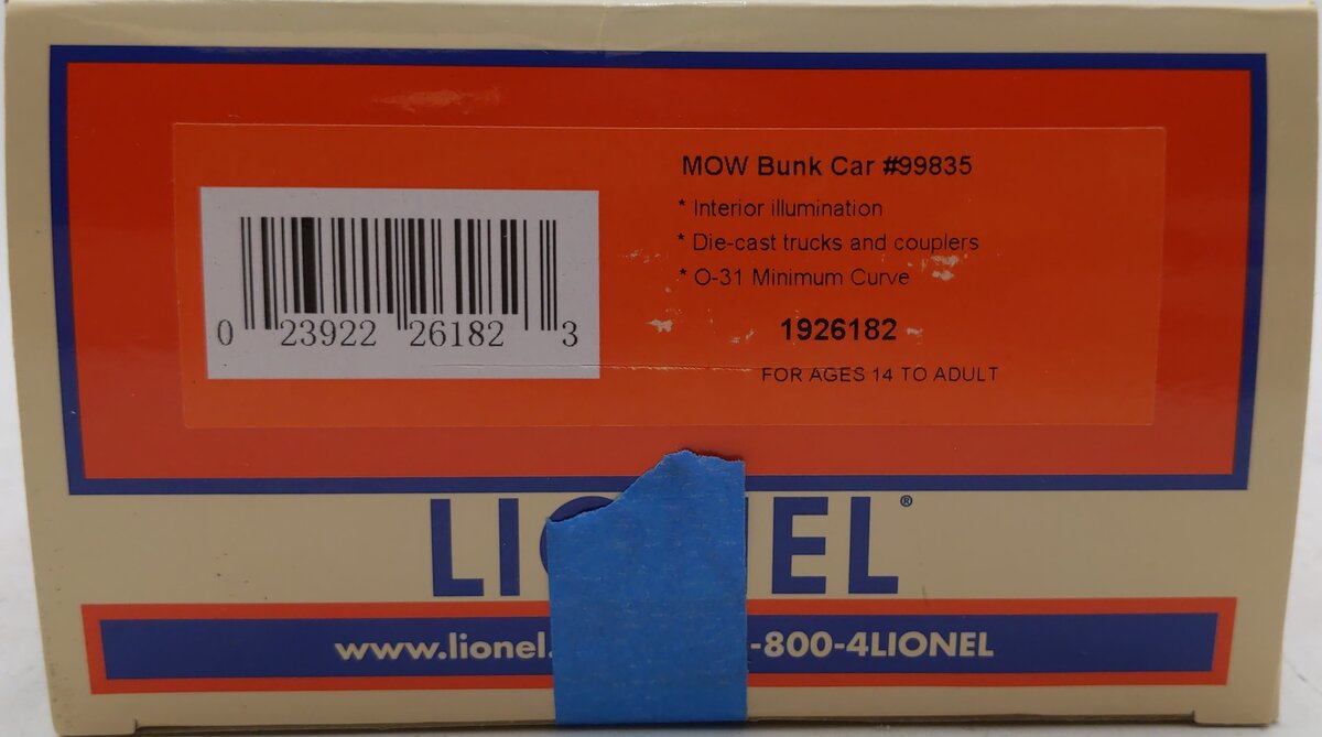 Lionel 1926182 O Maintenance of Way Bunk Car #99835