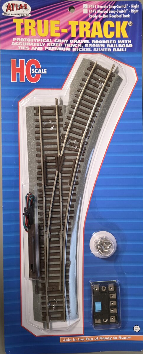 Atlas 0481 HO Code 83 Nickel Silver True-Track Right Hand Remote Switch Turnout