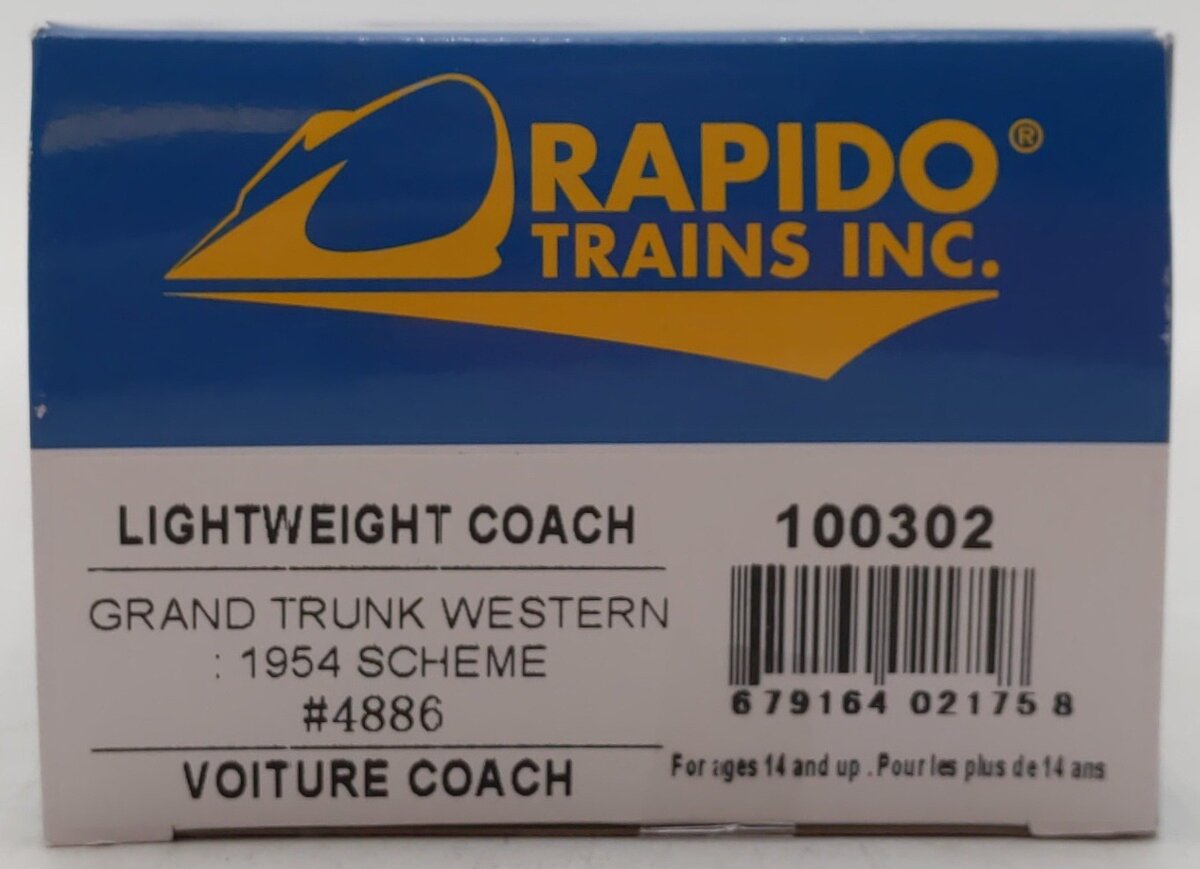 Rapido Trains 100302 HO Grand Trunk Western CC&F Lightweight Coach #4886