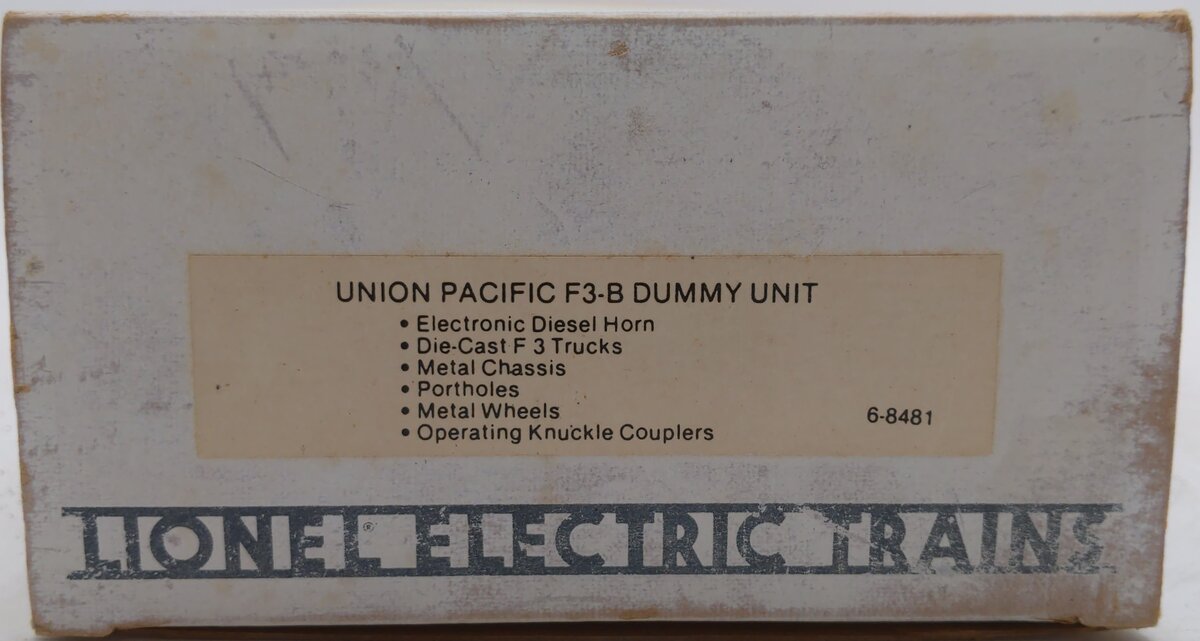 Lionel 6-8481 O Gauge Union Pacific F3 B-Unit Non-Powered Diesel Locomotive LN/Box