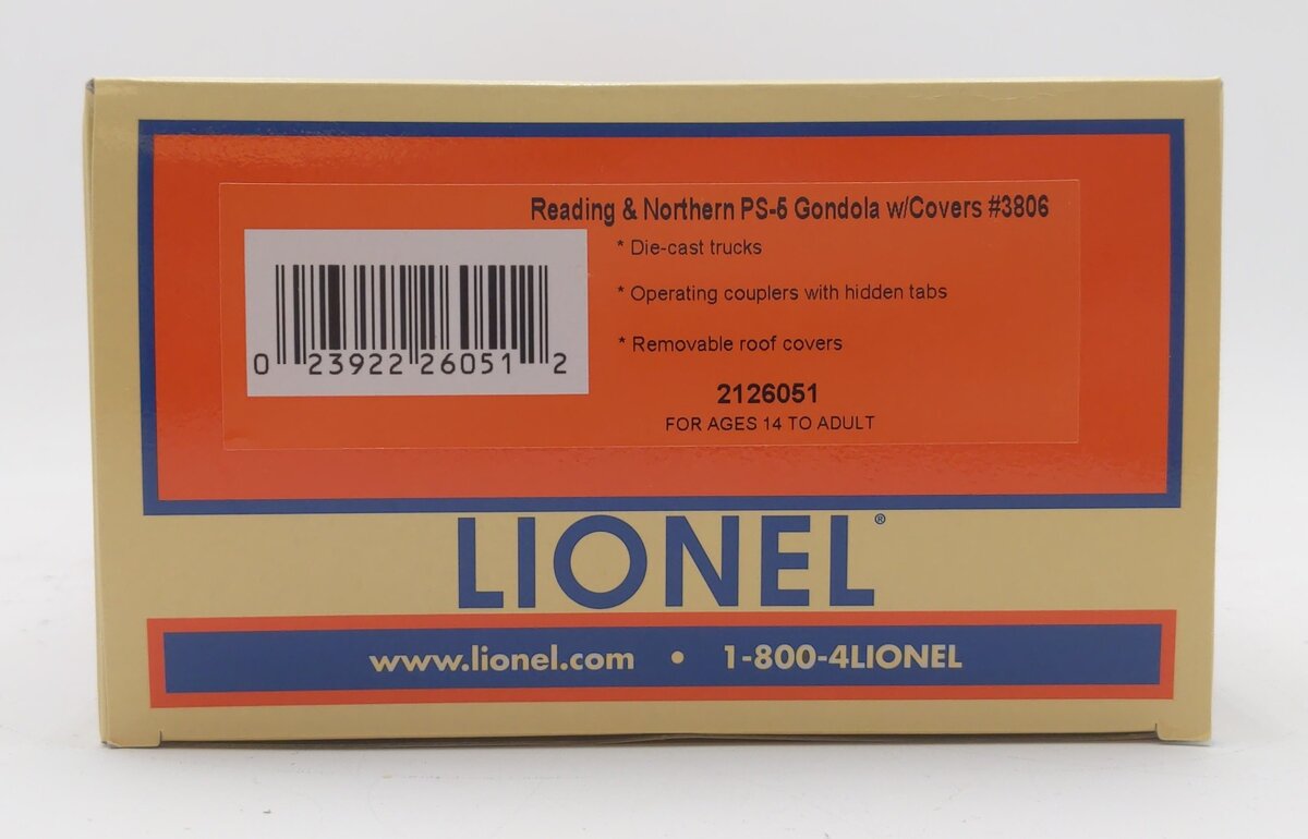 Lionel 2126051 O Reading & Northern PS-5 Covered Gondola with Covers #3806