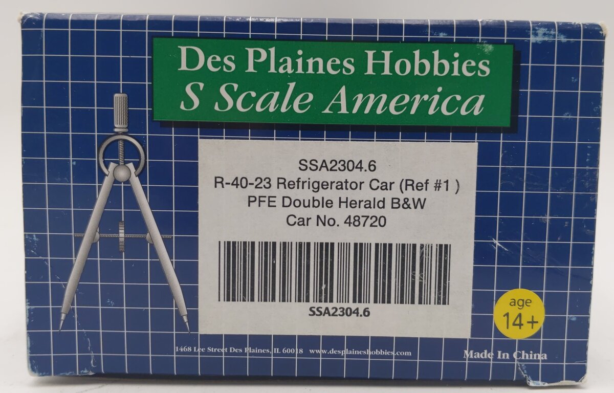 Des Plaines Hobbies SSA2304.6 S Gauge PFE Double Herald Reefer Car #48720 EX/Box