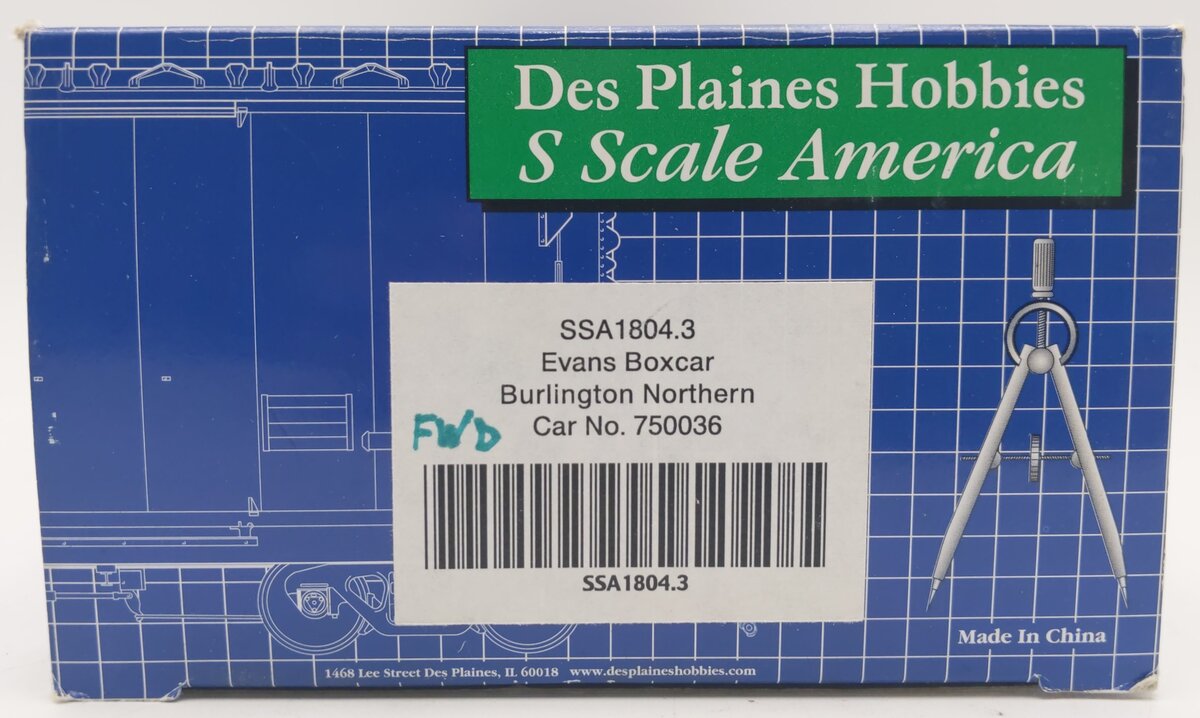 Des Plaines Hobbies SSA1804.3 S Scale Burlington Northern Evans Boxcar #750036 LN/Box