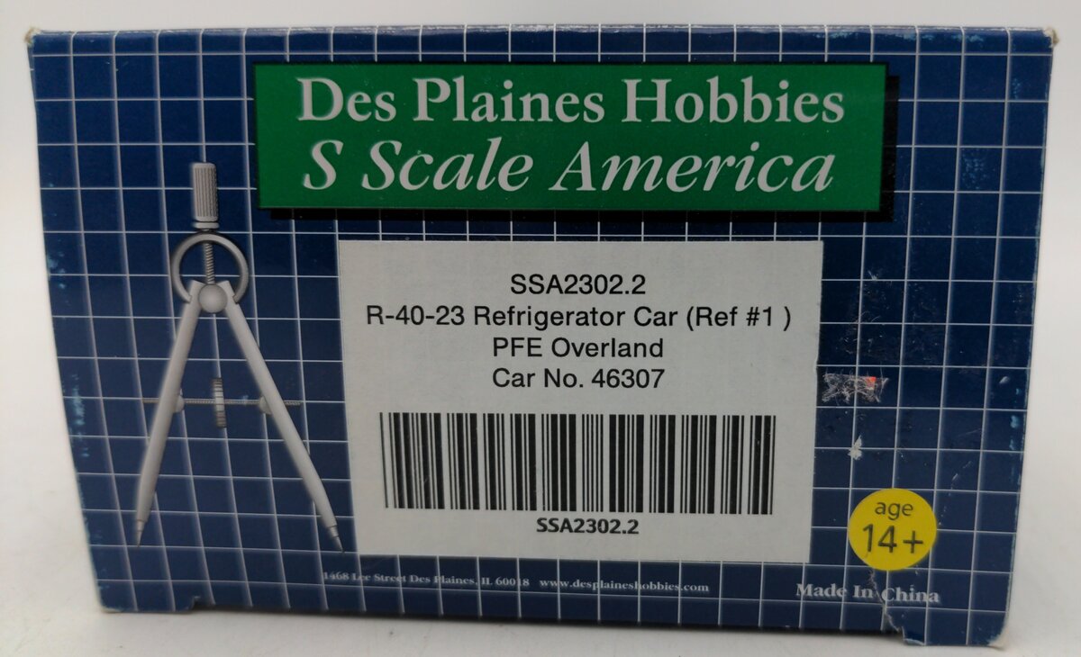 Des Plaines Hobbies SSA2302.2 S Gauge PFE Overland Reefer Car #46307 EX/Box