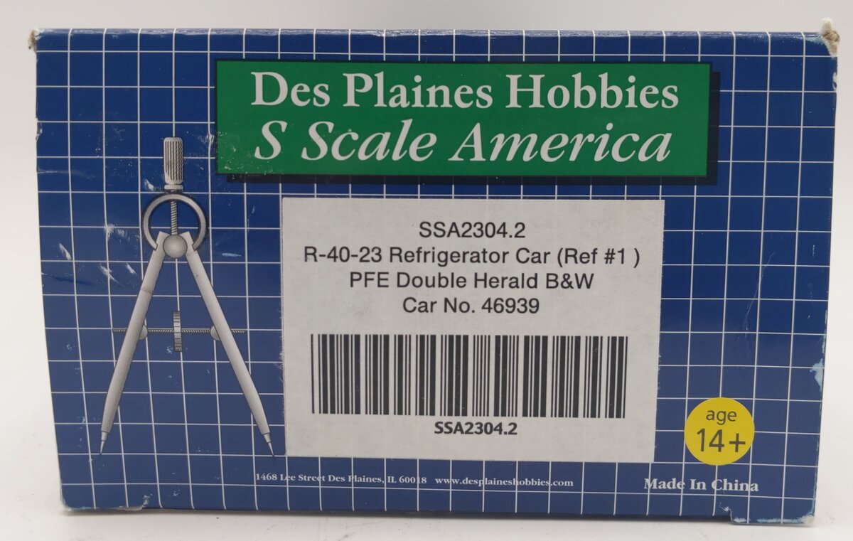 Des Plaines Hobbies SSA2304.2 S Gauge PFE Double Herald B&W Reefer Car #46939 EX/Box