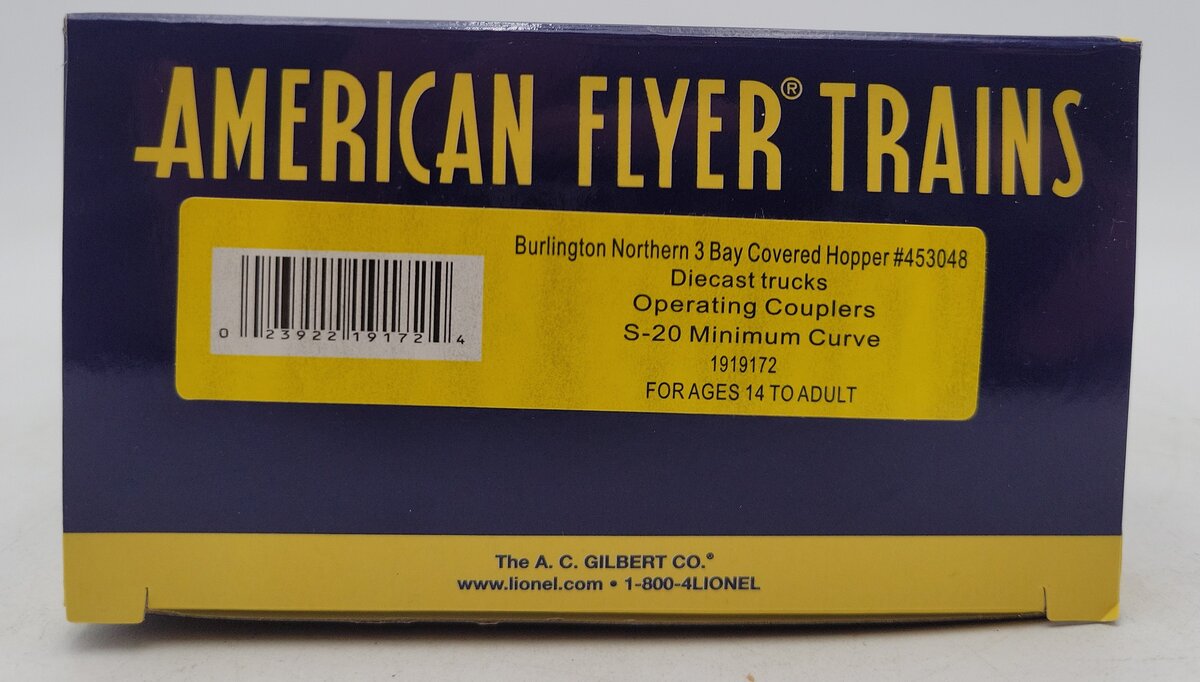 American Flyer 1919172 S Burlington Northern 3 Bay Covered Hopper #453048