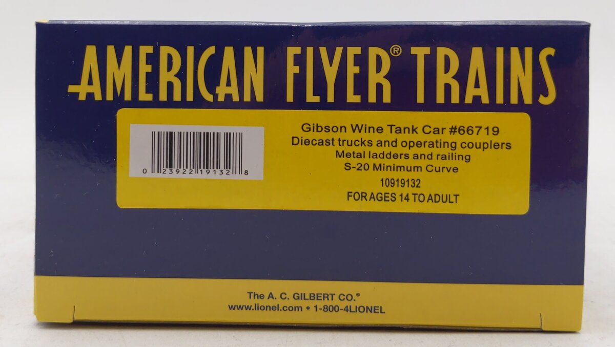 American Flyer 1919132 S Gibson Wine Single Dome Tank Car #66719