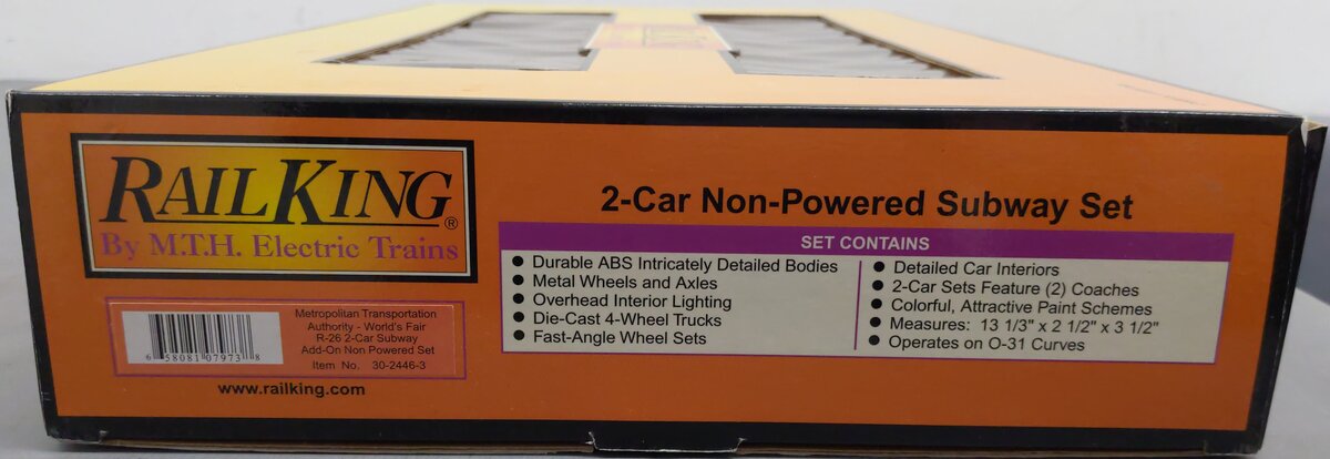 MTH 30-2446-3 O MTA World's Fair R-26 Subway Add-On Powered Set (Set of 2) LN/Box