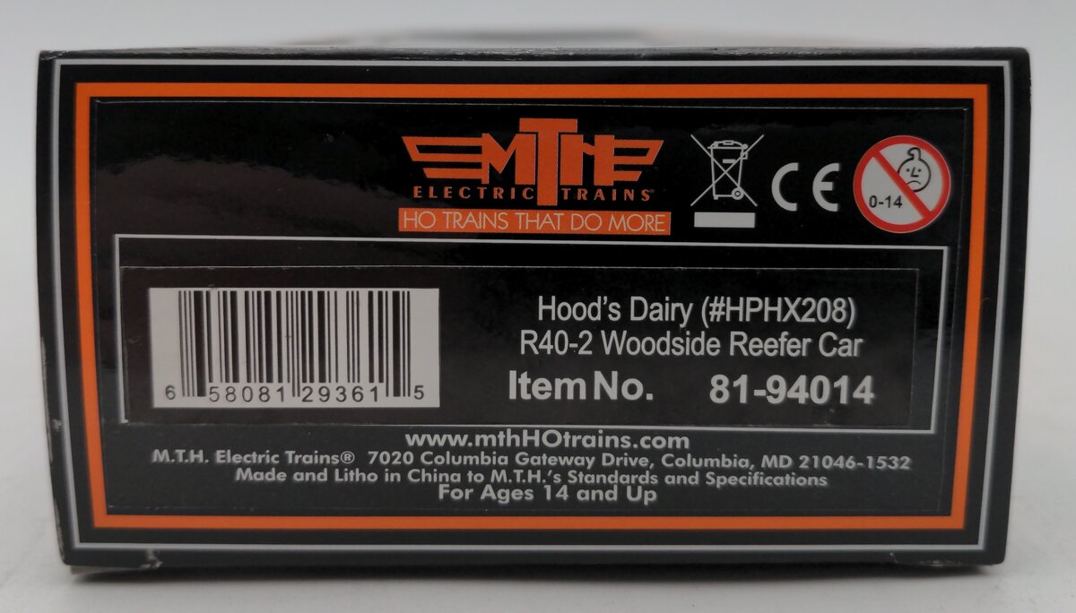 MTH 81-94014 Hood's Dairy HO Scale R40-2 Woodside Reefer Car