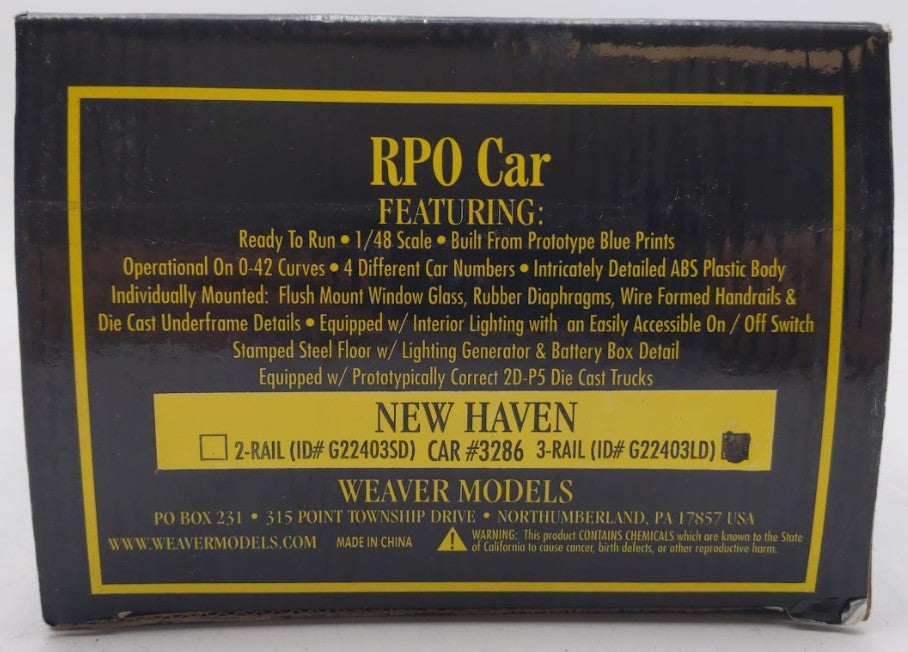 Weaver G22403LD O Gauge New Haven RPO Car #3286 (3 Rail) EX/Box