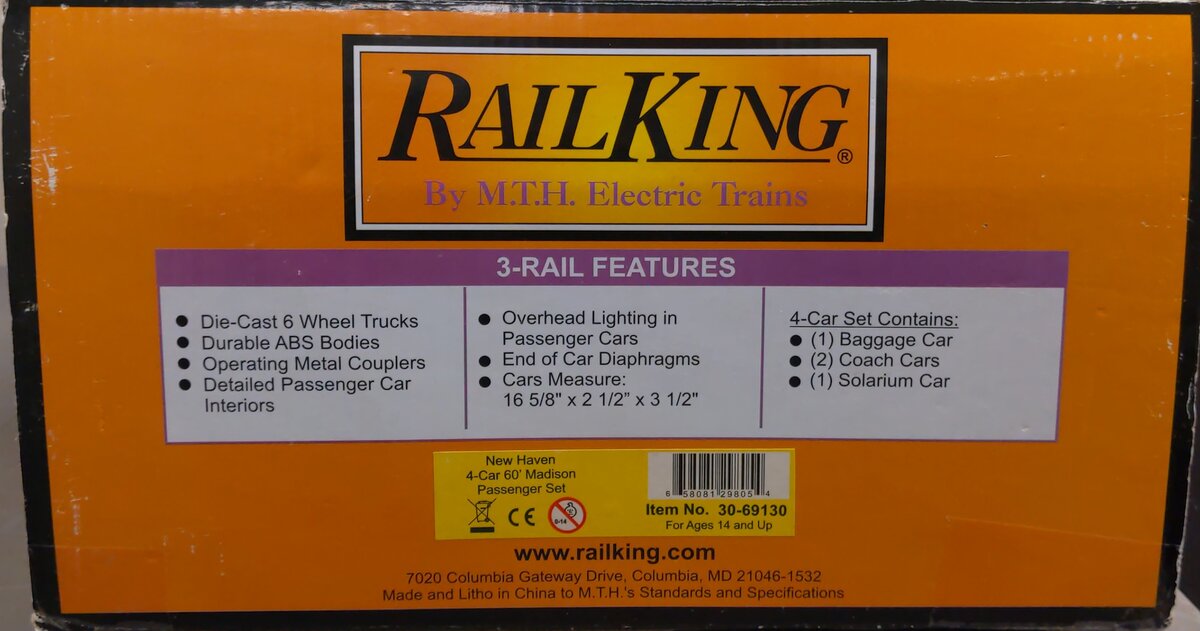 MTH 30-69130 O Scale New Haven 4-Car 60' Madison Passenger Set