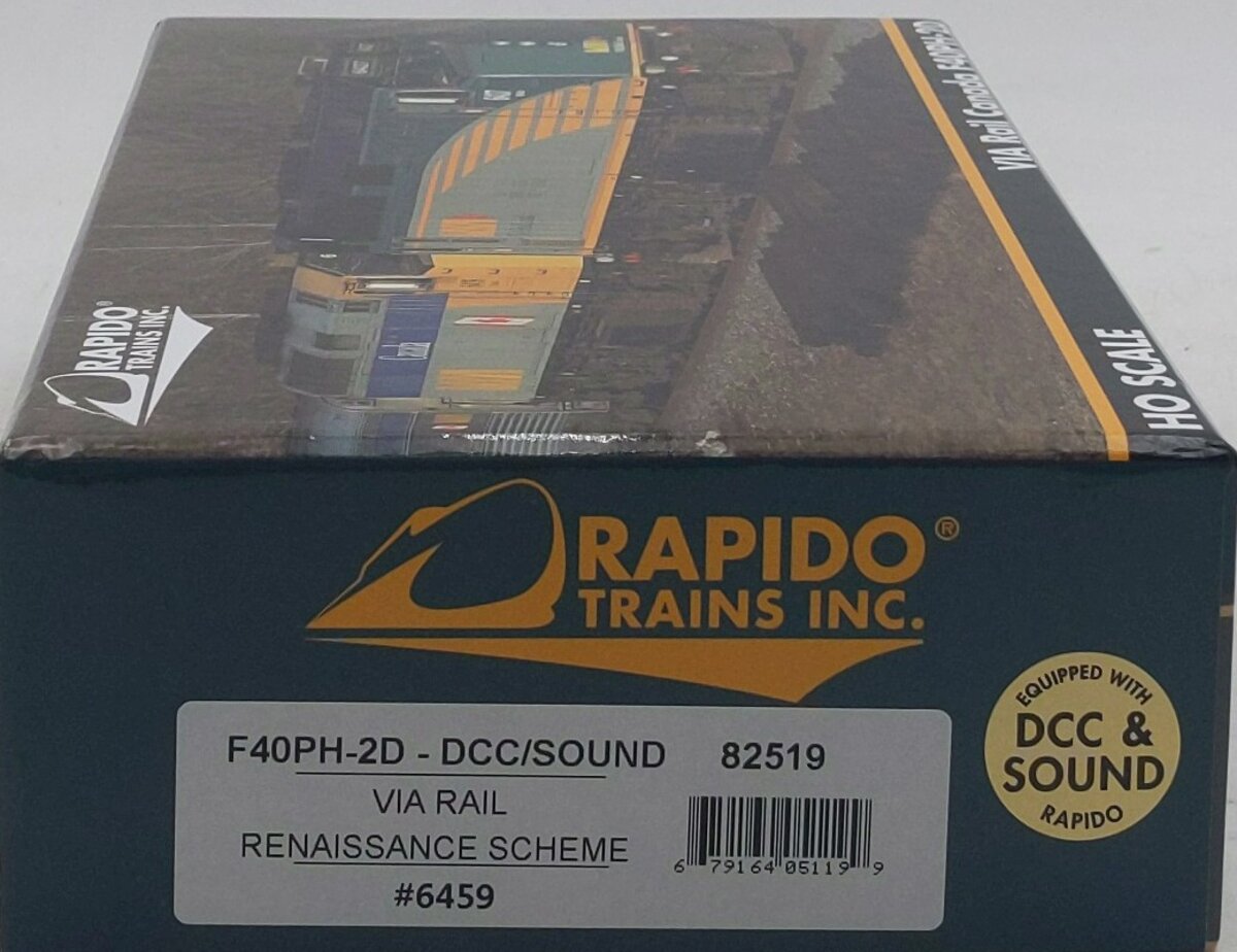 Rapido Trains 82519 HO VIA Rail EMD Rebuilt F40PH-2D Diesel #6459679 w/ DCC