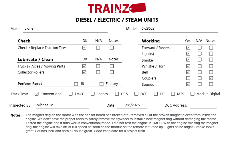 Lionel 6-28528 O Gauge New Haven RS 11 Diesel Locomotive #1406 EX/Box