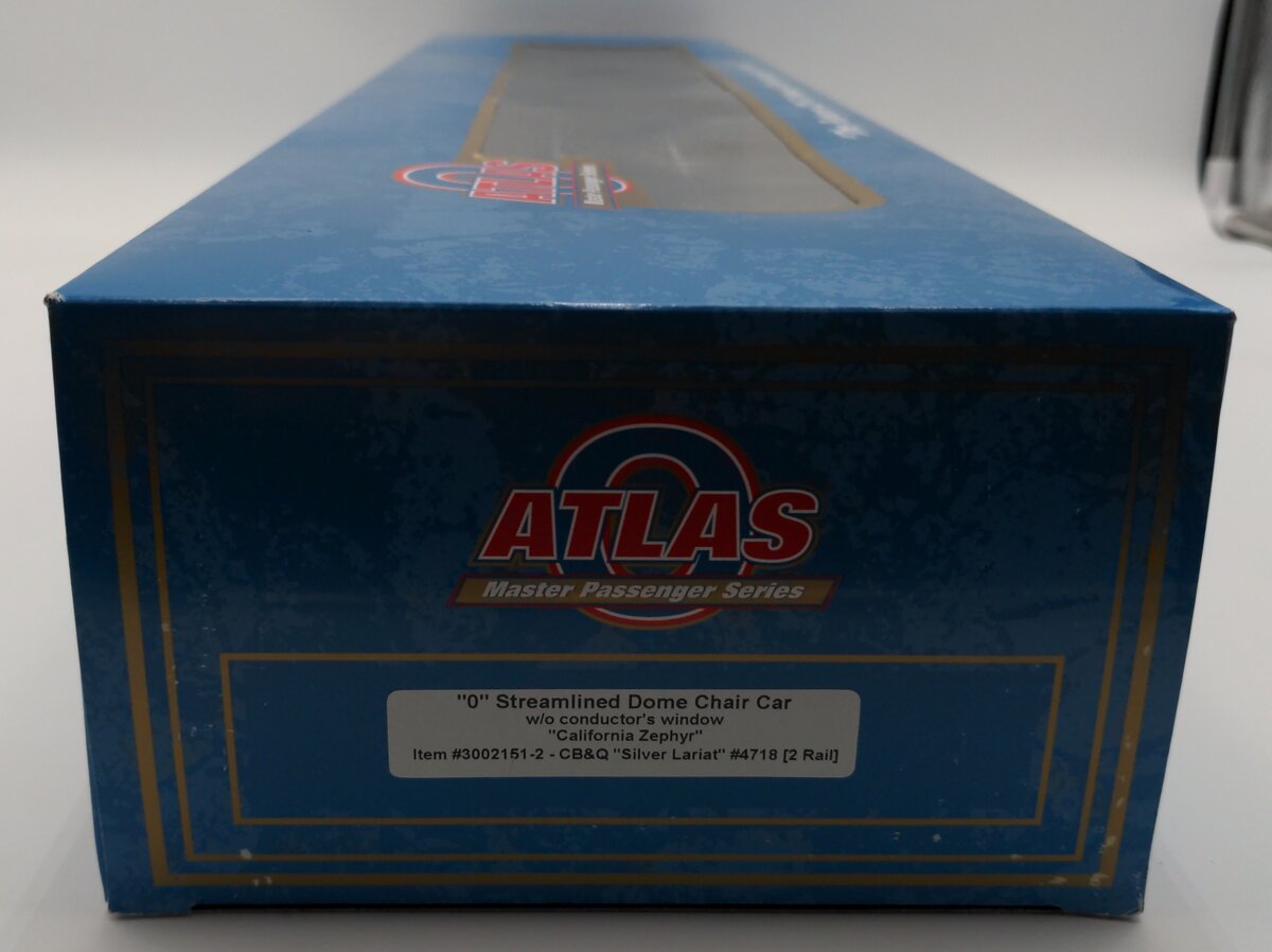 Atlas 3002151-2 O Scale CB&Q Cali Zephyr "Silver Lariat" Dome Car #4718 (2-Rail) EX/Box