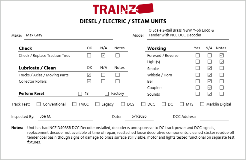Max Gray O Scale 2-Rail Brass N&W Y-6b Steam Locomotive & Tender EX
