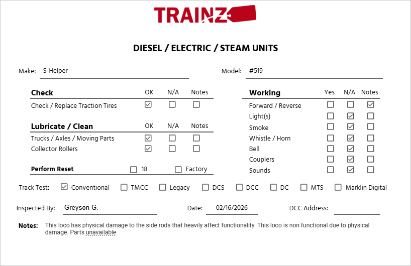 S-Helper S Gauge Maine Central 2-8-0 Steam Locomotive #519 VG