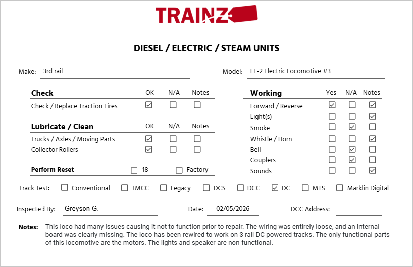 3rd Rail O Brass Pennsylvania FF-2 Electric Locomotive #3 EX/Box
