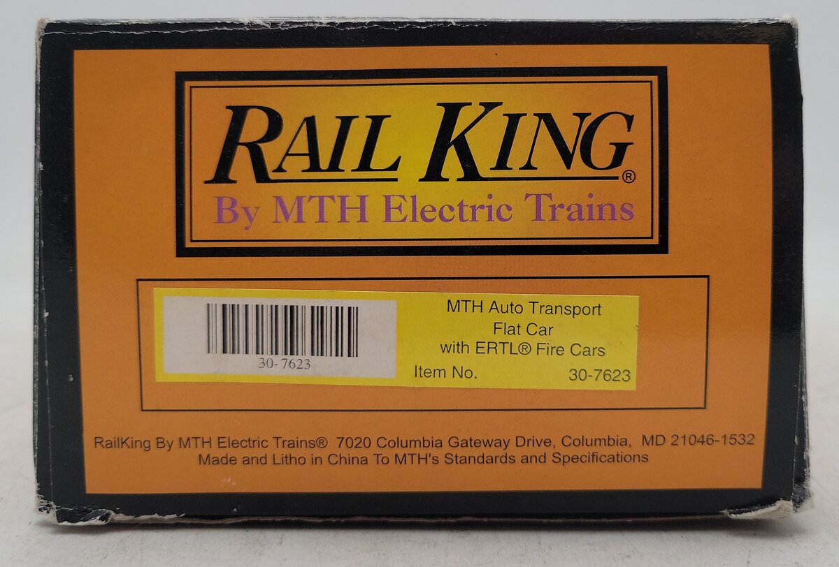 MTH 30-7623 O Gauge MTH Auto Transport Flatcar with 2 Ertl Fire Cars EX/Box