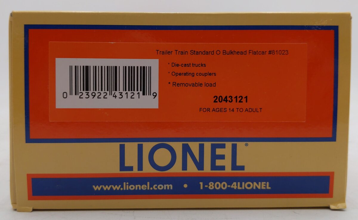 Lionel 2043121 O Trailer Train Standard Bulkhead Flatcar #81023 EX/Box